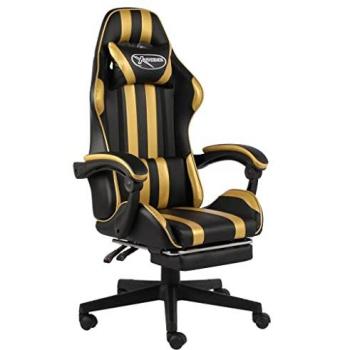 Silla Gaming con Reposapiés de Cuero Sintético Negro y Dorado