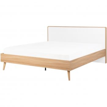 Cama de Madera Clara con Cabecero Blanco y Somier 160 x 200 cm Diseño Escandinavo
