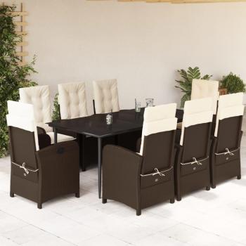 9-Piece Brown Poly Rattan Garden Dining Set with Cushions