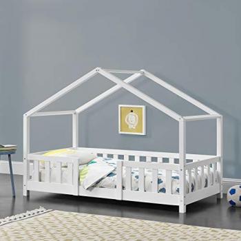 Cama infantil Treviolo forma de casa en pino blanco mate 80x160 cm con reja protectora