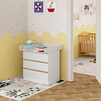 Cambiador de Bebé de Madera con 3 Cajones Grandes y Fácil Limpieza, Almacenamiento Amplio, Color Blanco, Dimensiones 80x78x48cm
