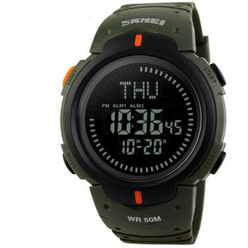 Brújula Impermeable 50M Deportes Reloj digital para hombre Big Dial World Time Cronómetro Alarma Exterior Multifunción Electrónico Reloj de pulsera-Verde