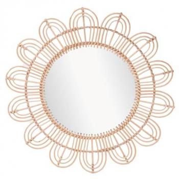 Espejo Girasol Redondo Vintage Blanco 90x90cm con Marco de Ratán Natural