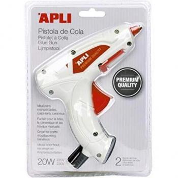APLI 16668 - Pistola de cola PREMIUM termofusible Hot Melt 20W con 2 barras de cola, color Blanco, Única