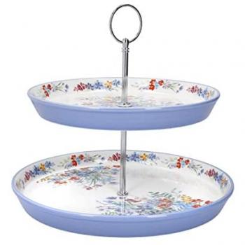 Soporte para Pasteles de Cerámica Viscri Meadow Vintage, 2 Pisos, Diseño Floral, Color Marfil Almendra y Azul Aciano