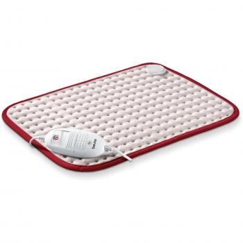 Beurer HK Comfort Almohadilla eléctrica térmica, transpirable, tacto suave, calentamiento ultrarápido, apagado automático 90 minutos, 3 potencias, display iluminado, 44x33 cm, blanca borde rojo