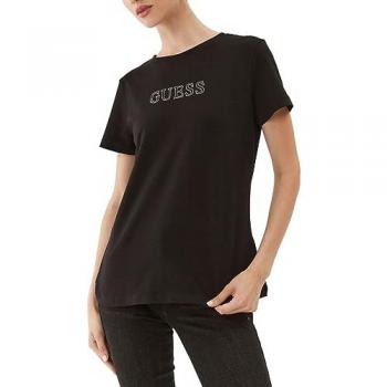 Camiseta Negra Regular Fit con Logo Frontal y Strass para Mujer