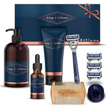 King C. Gillette Máquina de Afeitar para Cuello, Hojas de Acero Inoxidable + 3 Cuchillas de Recambio + Gel de Afeitar + Gel Limpiador para Barba y Rostro + Aceite para Barba + 1 Peine + Soporte
