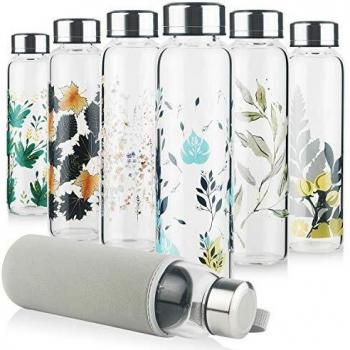 Reeho Botella de Agua Cristal de Borosilicato Deportivo con Funda de Neopreno con Tapa de Acero Inoxidable 500ml / 1000ml / 1 Litre