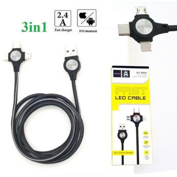 Cable 3 en 1 de Carga y Datos Micro USB, Lightning y Type C para Smartphone - Carga Rápida 2.4A