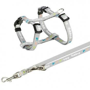 TRIXIE Junior Puppy Harness and Leash Set - Chest Size 23-34 cm, Length 200 cm x Width 0.8 cm, Light Grey with Printed Motifs