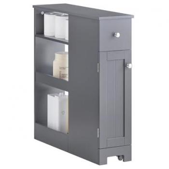 Estantería estrecha para baño con 1 puerta, 1 cajón y 3 estantes, color gris, dimensiones 65 x 20 x 70 cm