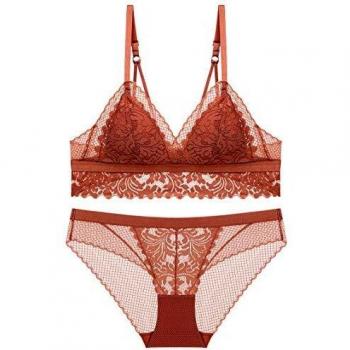 SHEKINI Mujer Conjunto de Ropa Interior Sujetador Bralette de Triángulo de Encaje Conjuntos de lencería Cómodo y Transpirable（Caramelo,L