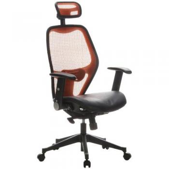 HJH Office - 653090 silla de oficina AIR-PORT asiento piel / respaldo malla naranja/negro, cuero real, ergonómico, con apoyabrazos plegables, muy cómodo, con apoyacabezas, soporte lumbar, silla giratoria, silla escritorio