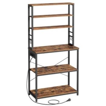Estante de Cocina con Regleta y Soporte para Cafetera, 6 Estantes, 6 Ganchos, Estructura de Acero, 40 x 80 x 167 cm, Color Marrón