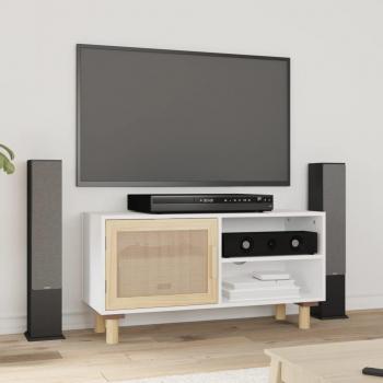 Mueble para TV de madera maciza de pino y ratán natural, dimensiones 80x30x40 cm, color blanco, ideal para salón