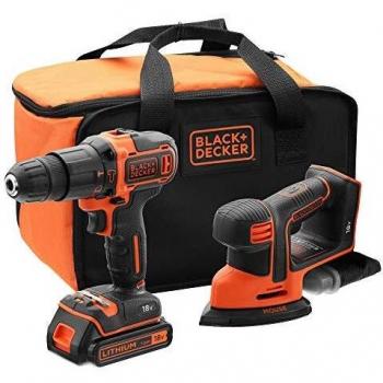 BLACK+DECKER BCK23S1S-QW - Taladro percutor 18V y lijadora de detalles Mouse 18V con 1 batería 1.5Ah, cargador y bolsa de transporte