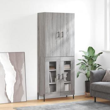 Aparador alto de madera contrachapada gris sonoma 69,5x34x180 cm con 2 puertas de cristal, mueble de almacenaje para salón, buffet y armario auxiliar