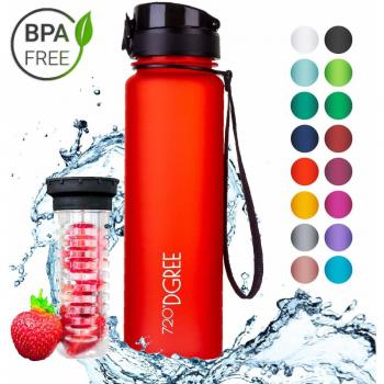 720°DGREE Botella de Agua uberBottle – 1 litro, 1l, 1000ml, Rojo | Novedosa Botella Deportiva | Sin BPA | para niños, Fitness, Bicicleta, Deportes, fútbol, guardería, Escuela, pequeños, antigoteo