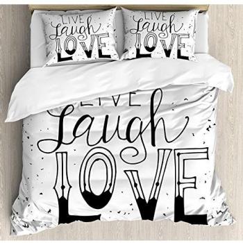 Juego de ropa de cama de 3 piezas Live Laugh Love Decor Juego de funda nórdica, diseño artístico tipográfico dibujado a mano positivo Hipster, juego de fundas de edredón / edredón de 3 piezas con 2 fu