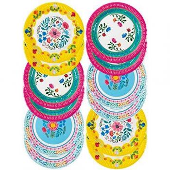 Talking Tables - Juego de 12 platos de papel florales coloridos bohemios, vajilla desechable | Tema Hawaiano, Verano, Cumpleaños Infantil, Fiesta Encanto, 23cm, Amarillo Rosado Azul