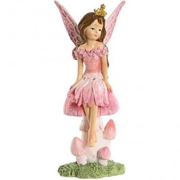 Figura decorativa de resina con hada y seta en tono rosa - 8x6x18,5 cm