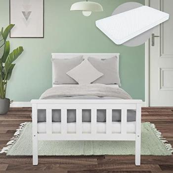 Cama Infantil ML-Design de Madera de Pino Blanca con Colchón Hipoalergénico Espuma Fría 90x200 cm y Somier con Cabecero y Piecero