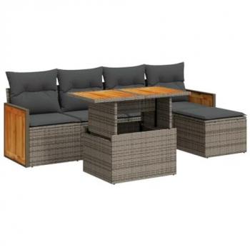 Grey Poly Rattan 6 Piece Garden Sofa Set with Cushions and Acacia Wood