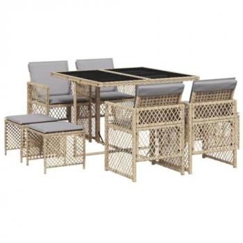 Set comedor de jardín 9 pzas con cojines ratán sintético beige