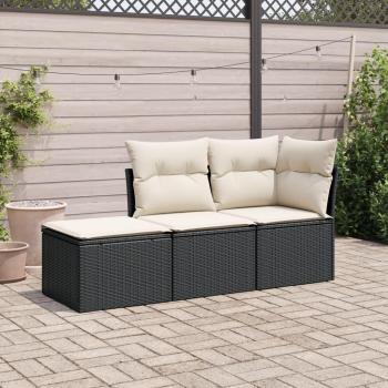 3-Piece Black Poly Rattan Garden Sofa Set with Cushions