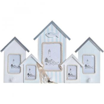 Perchero de Pared DKD Home Decor con Marco de Fotos, Cristal Azul y Madera Blanca, Estilo Mediterráneo (47 x 5 x 28 cm)