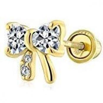 Minimalista minimalista minimalista cúbica Zirconia CZ cartílago lóbulo de la oreja Piercing Daith cinta bow 1 pieza pendientes de perno para las mujeres real 14K oro amarillo atornillado