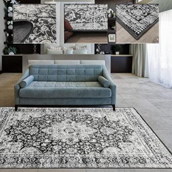 Alfombra Clásica Muy Fina Tadi & Imperio 1979 - Seda Sintética Lavable en Lavadora, Antideslizante, Color Gris Antracita, 133x190cm