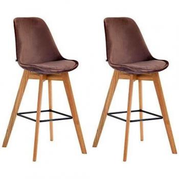 Set 2 Taburetes Altos Metz en Terciopelo Marrón con Respaldo y Reposapiés, Base de Madera Natural