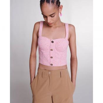 Maje Women's Cropped Tweed Top - Pink/Orange - Size: Large