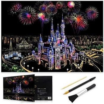 Wbeng Scratch Art Rainbow Coloring Paper, Sketchpad DIY Night View Scratchboard para niños y Adultos, Grabado Art & Craft Set, 16 '' x 11.2 '' con 3 Herramientas
