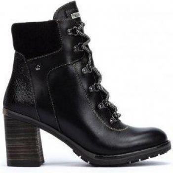 Botines Pikolinos Pompeya W7S-8851 para mujer de piel color negro con tacón de 8 cm, cordones y cremallera lateral