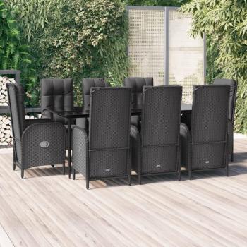 9-Piece Black Poly Rattan Garden Dining Set with Cushions