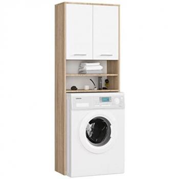 Columna de baño libre de pie 180 cm con espacio para lavadora, 2 puertas, color Sonoma y blanco