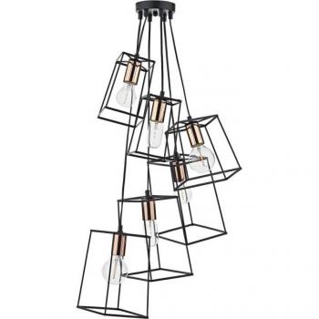 Lámpara colgante Tower de 6 luces en negro mate y cobre pulido, con diseño moderno, estructura metálica, casquillos E27 para bombillas (no incluidas), ideal para iluminación decorativa en espacios contemporáneos