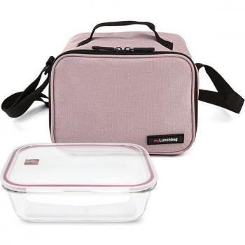Bolsa porta alimentos on the go rosa + contenedor vidrio 0,840 ml