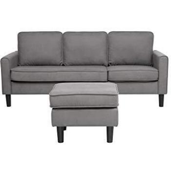 Sofá tapizado 3 plazas gris claro con reposapiés estilo moderno Avesta