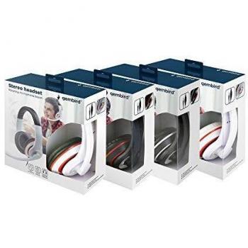 Gembird MHS-03-WTRD Auriculares Estéreo con Micrófono, Alámbricos, Diadema, Llamadas/Música, Color Blanco y Aro Rojo