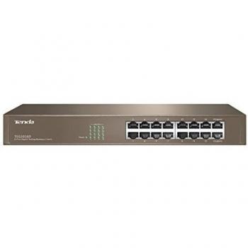 Tenda TEG1016D Switch Ethernet Gigabit de 16 Puertos RJ45 10/100/1000 Mbps, Protección contra Rayos 6KV, Montaje en Escritorio/Rack, Plug & Play, Carcasa Metálica, Duplex Completo, Sin Ventilador