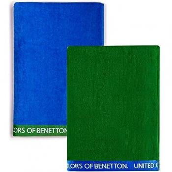 UNITED COLORS OF BENETTON, SET 2 TOALLAS DE PLAYA 90X160CM 380GSM VELOUR 100PercentALGODON CASA BENETTON, Azul + Verde, 90x160 c/u