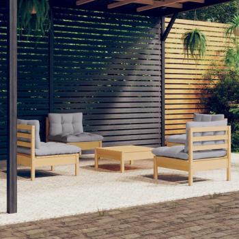 Juego de muebles de jardín 5 piezas de pino gris con cojines sólidos