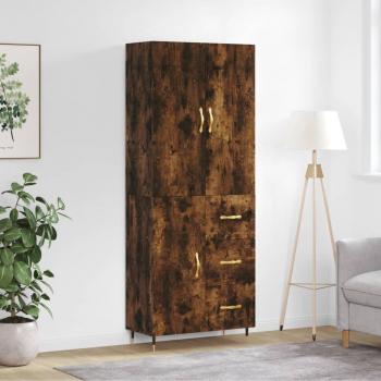 Aparador Alto de Madera Contrachapada Rovere Fumo 69,5x34x180 cm con 1 Puerta y 3 Cajones, Mueble de Almacenaje Moderno para Salón