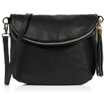 FIRENZE ARTEGIANI.Bolso de Mujer Piel auténtica. Bolso Mujer con Solapa Media Luna.Bolso de Piel Acabado Savage Tacto Suave. Made IN Italy. Vera Pelle Italiana. 23x19x4 cm. Color: Negro