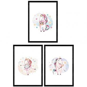 Pack de Tres Láminas de Animales Infantiles - Ilustraciones de Unicornio Bailando, Unicornio Hada y Unicornio Fotógrafo - Alta Calidad A3 Sin Marco