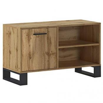 Mueble TV Raw 100, melamina, color roble oscuro y negro, medidas 95 cm (ancho) x 56,9 cm (alto) x 39,6 cm (fondo), con puerta izquierda